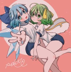 Rule 34 | 2girls, absurdres, blue bow, blue buruma, blue eyes, blue hair, blue nails, bow, buruma, cirno, commentary, commission, daiyousei, english commentary, fairy, fairy wings, green eyes, green hair, gym uniform, hair bow, highres, ice, ice wings, looking at another, looking at viewer, mixed-language commentary, multiple girls, salt (seasoning), shirt, short hair, skeb commission, touhou, v, white shirt, wings