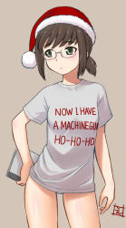 Rule 34 | 1girl, alternate costume, bespectacled, breasts, clothes writing, die hard, ebifly, fubuki (kancolle), glasses, green eyes, hat, holding, kantai collection, low ponytail, panties, ponytail, santa hat, shirt, short ponytail, short sleeves, signature, simple background, small breasts, solo, t-shirt, underwear, white panties, white shirt