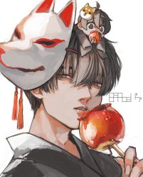 Rule 34 | 2boys, absurdres, ahoge, black eyes, black hair, black kimono, candy apple, commentary, dog mask, eating, fatalbug896, food, food in mouth, fox mask, fruit, highres, holding, holding food, japanese clothes, kimono, looking at viewer, male focus, mask, mask on head, mini person, miniboy, multiple boys, nichts (fatalbug896), on head, on person, original, parted lips, person on head, portrait, short hair, signature, simple background, sleeves past fingers, sleeves past wrists, sweets, white background, wille (fatalbug896)