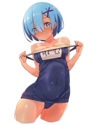 Rule 34 | 10s, 1girl, :o, bad id, bad pixiv id, blue eyes, blue hair, breasts, covered navel, eyes visible through hair, hair ornament, hair over one eye, highres, looking at viewer, matching hair/eyes, musa (feelingheart), name tag, old school swimsuit, one-piece swimsuit, one-piece tan, re:zero kara hajimeru isekai seikatsu, rem (re:zero), school swimsuit, short hair, simple background, solo, swimsuit, tan, tanline, white background, x hair ornament