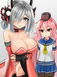Rule 34 | 2girls, anchor symbol, animal ears, arms behind back, azur lane, blue eyes, blush, breasts, closed mouth, collarbone, cosplay, costume switch, cowboy shot, crossover, embarrassed, fake animal ears, grey background, grey hair, hair ornament, hair over one eye, hairclip, hamakaze (azur lane), hamakaze (azur lane) (cosplay), hamakaze (kancolle), historical name connection, japanese clothes, kantai collection, kimono, large breasts, looking at viewer, midriff, multiple girls, name connection, navel, pantyhose, pink hair, sailor collar, school uniform, short hair, simple background, sin (kami148), stomach, twintails, yellow eyes