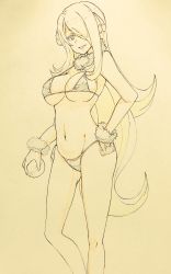 Rule 34 | 1girl, bikini, blonde hair, breasts, cleavage, color trace, creatures (company), cynthia (pokemon), game freak, graphite (medium), hair over one eye, hand on own hip, highres, kotokoto (jumon), large breasts, long hair, looking at viewer, nintendo, parted lips, poke ball, pokemon, pokemon dppt, simple background, smile, solo, swimsuit, traditional media, underboob, very long hair
