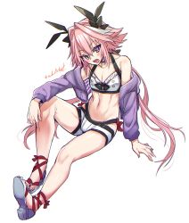 Rule 34 | 1boy, ankle lace-up, artist name, astolfo (fate), astolfo (saber) (fate), bare shoulders, blush, bulge, choker, collarbone, commentary request, cross-laced footwear, eyes visible through hair, fate/grand order, fate (series), hair between eyes, haoro, highres, jacket, long hair, long sleeves, looking at viewer, male focus, midriff, multicolored hair, navel, open mouth, pink hair, purple eyes, sandals, simple background, sitting, solo, stomach, streaked hair, trap, twitter username, two-tone hair, watermark, white background, white hair