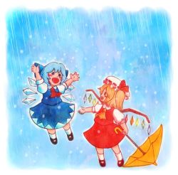 Rule 34 | 2girls, :d, arms up, ascot, blonde hair, blue hair, blush, bow, cirno, colored pencil (medium), flandre scarlet, hair bow, happy, hat, hat ribbon, multiple girls, mundane utility, open mouth, outstretched arms, rain, ribbon, shirt, side ponytail, skirt, skirt set, smile, snow, solid circle eyes, terrajin, touhou, traditional media, umbrella, wings