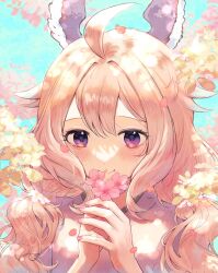 Rule 34 | 1girl, absurdres, ahoge, blush, cherry blossoms, commentary, enna alouette, flower, head wings, highres, long hair, low twintails, mochigome (yum), nijisanji, nijisanji en, pink flower, pink hair, purple eyes, smile, solo, symbol-only commentary, twintails, virtual youtuber, wings