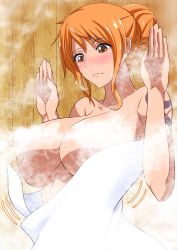 Rule 34 | 1girl, blush, breasts, brown eyes, closed mouth, collarbone, commentary request, convenient censoring, hair bun, hands up, highres, kawabata yoshihiro, large breasts, looking down, medium hair, naked towel, nami (one piece), nipples, nose blush, one piece, orange hair, parted bangs, shoulder tattoo, sidelocks, single hair bun, solo, steam, steam censor, tan, tattoo, towel, upper body, wet