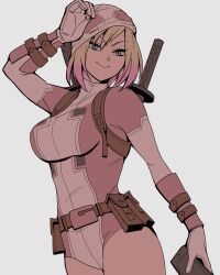 Rule 34 | 1girl, arm up, belt, blonde hair, blue eyes, bodysuit, breasts, brown belt, cellphone, closed mouth, commentary request, gradient hair, gwenpool, hair between eyes, holding, holding phone, katana, large breasts, looking at viewer, marvel, mask, multicolored hair, phone, pink bodysuit, pink hair, pocket, short hair, simple background, smartphone, smile, solo, standing, sushi pizza rrr, sword, two-tone bodysuit, v-shaped eyebrows, weapon, white background, white bodysuit, white mask