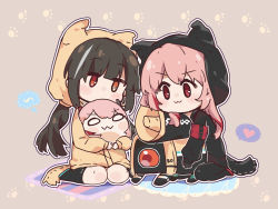 Rule 34 | 2girls, :3, absurdres, animal ears, animal hood, armband, black gloves, black hair, black jacket, black socks, blush stickers, brown background, brown jacket, chibi, closed mouth, commentary request, dinergate (girls&#039; frontline), dotted line, fake animal ears, fake tail, girls&#039; frontline, gloves, grey hair, heart, highres, hood, hood up, hooded jacket, jacket, kneehighs, long hair, long sleeves, m4 sopmod ii (girls&#039; frontline), m4 sopmod ii jr, multicolored hair, multiple girls, outline, pantyhose, pink hair, plug (feng-yushu), puffy long sleeves, puffy sleeves, red eyes, red hair, ribbon trim, ro635 (girls&#039; frontline), robot, sitting, sleeves past wrists, socks, spoken heart, streaked hair, tail, v-shaped eyebrows, very long hair, wariza, white outline