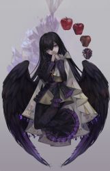 Rule 34 | ankh, ankh necklace, ankh print, apple, black bow, black dress, black hair, black wings, bone, bow, closed mouth, crystal, decay, dress, food, frilled dress, frills, fruit, gem, gradient wings, grey bow, hair between eyes, highres, holding, holding jewelry, holding necklace, hyatsu, jewelry, long hair, low wings, mole, mole under eye, mole under mouth, multicolored hair, multicolored wings, necklace, original, purple gemstone, purple hair, purple ribbon, purple wings, ribbon, ribs, smile, two-tone hair, wings