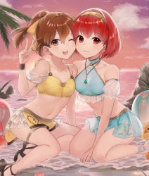 Rule 34 | 2girls, bare shoulders, beach, bikini, blue bikini, breasts, brown eyes, brown hair, collarbone, delthea (fire emblem), fire emblem, fire emblem: mystery of the emblem, fire emblem echoes: shadows of valentia, hairband, haru (nakajou-28), jewelry, light smile, looking at viewer, maria (fire emblem), multiple girls, nintendo, ocean, one eye closed, palm tree, pendant, ponytail, red eyes, red hair, sandals, see-through, short hair, sitting, small breasts, smile, sunset, swimsuit, tree, water, yellow bikini