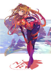 Rule 34 | 1girl, absurdres, artist request, ass, blue eyes, boots, breasts, brown hair, curvy, eva 02, full body, hand on ass, helmet, highres, huge ass, large breasts, leotard, leotard peek, long hair, looking at viewer, mecha, neon genesis evangelion, plugsuit, red leotard, redesign, robot, shiny clothes, souryuu asuka langley, twintails, very long hair