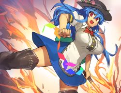 Rule 34 | 1girl, blue hair, breasts, brown thighhighs, female focus, food, fruit, hat, hinanawi tenshi, large breasts, long hair, looking at viewer, melon22, open mouth, peach, puffy short sleeves, puffy sleeves, red eyes, shirt, short sleeves, skirt, solo, sword of hisou, thighhighs, touhou, very long hair, zettai ryouiki