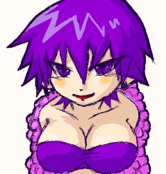 Rule 34 | 1girl, barbara bat, blush stickers, breasts, cleavage, daigasso! band brothers, earrings, feather boa, jewelry, large breasts, lipstick, lowres, makeup, personification, purple eyes, purple hair, short hair, solo