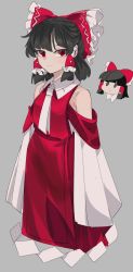 Rule 34 | 1girl, adapted costume, ascot, bare shoulders, black hair, bow, chamaruk, collar, grey background, hair bow, hair tubes, hakurei reimu, highres, nontraditional miko, red bow, red eyes, red shirt, red skirt, shide, shirt, short hair, sidelocks, simple background, skirt, skirt set, sleeveless, smile, solo, touhou, white ascot, white collar, wide sleeves