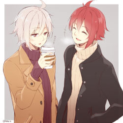 Rule 34 | +++, 2boys, :d, :p, ^ ^, ahoge, black coat, brown coat, closed eyes, coat, coffee cup, cup, disposable cup, closed eyes, grey background, grey hair, hazuki natsu, holding, holding cup, idolish7, kujou tenn, male focus, multiple boys, nanase riku, open mouth, pink eyes, red hair, red sweater, ribbed sweater, simple background, smile, sweatdrop, sweater, tongue, tongue out, translation request, turtleneck, turtleneck sweater, twitter username, upper body, white sweater
