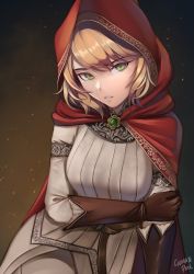 Rule 34 | 1girl, absurdres, blonde hair, brooch, brown gloves, caiman pool, cape, contrapposto, elden ring, embers, gloves, green eyes, highres, hood, hood up, hooded cape, jacket, jewelry, looking at viewer, medium hair, pants, parted lips, red cape, red hood, roderika (elden ring), signature, solo, white jacket, white pants