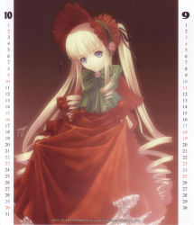 Rule 34 | 00s, 1girl, blonde hair, blue eyes, blush, bonnet, bow, bowtie, dress, drill hair, green bow, green bowtie, head tilt, highres, long sleeves, looking at viewer, petite, pillarboxed, red dress, rozen maiden, shinku, sidelocks, solo, text focus, tony taka, twin drills, twintails