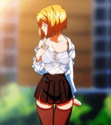 Rule 34 | 1girl, animated, animated gif, blurry, blurry background, breasts, collarbone, embarrassed, erogos, closed eyes, lingerie, love fetish, medium breasts, open clothes, orange hair, orito miku, short hair, solo, thighhighs, underwear