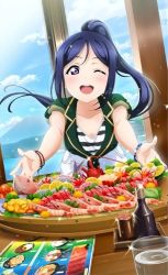 Rule 34 | 1girl, ;), artist name, artist request, blue hair, blush, bracelet, breasts, collarbone, cropped jacket, female focus, floating hair, food, fruit, green jacket, hair between eyes, high ponytail, jacket, jewelry, lemon, lemon slice, long hair, looking at viewer, love live!, love live! school idol festival, love live! sunshine!!, matsuura kanan, one eye closed, parted lips, pearl bracelet, ponytail, purple eyes, salad, shirt, short sleeves, shorts, small breasts, smile, solo, sparkle, striped clothes, striped shirt, table, wavy hair, white shirt, white shorts, wink