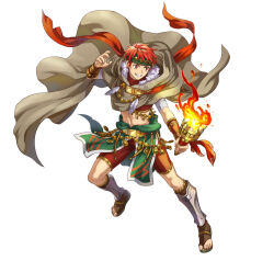 Rule 34 | 1boy, attack, cape, capelet, fire, fire emblem, fire emblem: radiant dawn, full body, fur-trimmed capelet, fur trim, grin, headband, indesign, male focus, midriff, navel, nintendo, official alternate costume, official art, red eyes, red hair, red scarf, scarf, smile, solo, teeth, torch, tormod (fire emblem), tormod (indomitable will) (fire emblem)