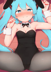 Rule 34 | 1girl, abmayo, alternate costume, animal ears, bare shoulders, black leotard, black neckwear, black pantyhose, blush, breasts, closed mouth, collarbone, commentary request, covered navel, detached collar, fake animal ears, fingernails, hair ornament, hatsune miku, heart, heart-shaped pupils, highres, leotard, long hair, looking at viewer, lying, medium breasts, nail polish, nose blush, on back, pantyhose, pink nails, playboy bunny, rabbit ears, red nails, small breasts, smile, solo, spread legs, strapless, strapless leotard, symbol-shaped pupils, twintails, very long hair, vocaloid, wrist cuffs