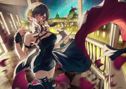 Rule 34 | 1girl, :o, balcony, bare shoulders, black dress, black thighhighs, breasts, building, checkered floor, cleavage, dagger, dome, dress, dual wielding, earrings, feet out of frame, flower, hair flower, hair ornament, hands up, highres, holding, holding weapon, jewelry, knife, large breasts, light particles, looking at viewer, motion blur, open mouth, railing, red eyes, reverse grip, saraki, short dress, sidelocks, signature, sky, sleeveless, sleeveless dress, solo, spy x family, standing, star (sky), starry sky, stiletto (weapon), thighhighs, train (clothing), two-sided fabric, two-sided skirt, updo, w arms, weapon, wind, window, wrist cuffs, yor briar