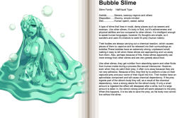 Rule 34 | 1girl, bubble slime (monster girl encyclopedia), character profile, english text, hard-translated, kenkou cross, monster girl, monster girl encyclopedia, official art, slime girl, third-party edit, translated