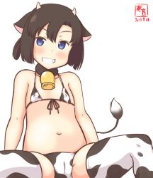 Rule 34 | 1girl, alternate costume, animal ears, animal print, artist logo, bell, bikini, black hair, blue eyes, bob cut, cameltoe, cleft of venus, commentary request, cow ears, cow horns, cow print, cow tail, cowbell, cowboy shot, daitou (kancolle), dated, fake animal ears, fake horns, flat chest, front-tie top, grin, high ponytail, horns, kanon (kurogane knights), kantai collection, looking at viewer, micro bikini, one-hour drawing challenge, short hair, sidelocks, simple background, sitting, smile, solo, swimsuit, tail, thighhighs, white background, white bikini, white thighhighs
