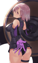 Rule 34 | 1girl, armor, armored dress, ass, bare shoulders, black leotard, blush, breasts, closed mouth, elbow gloves, fate/grand order, fate (series), gloves, hair over one eye, highres, large breasts, leotard, light purple hair, looking at viewer, looking back, mash kyrielight, outstretched arm, purple eyes, purple gloves, seon (seonon ), shield, short hair, simple background, smile, solo, thigh strap, thighs, white background