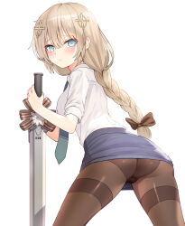 Rule 34 | ass, blonde hair, blue eyes, bow, braid, brown bow, choco (neural cloud), collared shirt, commentary request, cowboy shot, fnc (girls&#039; frontline), from behind, girls&#039; frontline, girls&#039; frontline neural cloud, hair between eyes, hair bow, hair ornament, highres, holding, holding sword, holding weapon, korean commentary, lemures, long hair, looking at viewer, looking back, necktie, office lady, pantyhose, pencil skirt, shirt, short sleeves, simple background, skirt, smile, sword, thighband pantyhose, weapon, white background, white shirt