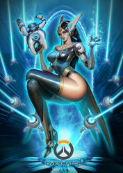 Rule 34 | 1girl, absurdres, aqua nails, armor, armored boots, ass, asymmetrical clothes, bare shoulders, black hair, black thighhighs, blue-tinted eyewear, blue dress, blue eyes, blue nails, boots, breasts, character name, collarbone, copyright name, covered erect nipples, crossed legs, cyborg, dark-skinned female, dark skin, dress, earrings, emblem, energy ball, energy gun, finger on trigger, fingernails, forehead jewel, full body, gun, hands up, headgear, high heel boots, high heels, highres, holding, holding gun, holding weapon, invisible chair, jewelry, knee boots, lipstick, logo, loincloth, long fingernails, long hair, looking at viewer, makeup, mechanical arms, medium breasts, mole, mole under eye, nail polish, necklace, off shoulder, overwatch, overwatch 1, parted bangs, parted lips, pelvic curtain, pink lips, short sleeves, single mechanical arm, sitting, skin tight, solo, sonacia, symmetra (overwatch), teleporter, thighhighs, tinted eyewear, visor, watermark, weapon, web address