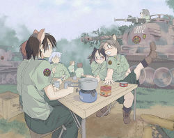 Rule 34 | 6+girls, animal ears, artist request, binoculars, black hair, boots, box, cat ears, caterpillar tracks, cup, food, forest, jpeg artifacts, jungle, military, military vehicle, motor vehicle, multiple girls, nature, plant, shorts, silver hair, source request, table, tank, tree, vehicle, war