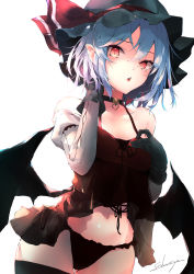 Rule 34 | 1girl, absurdres, artist name, bare shoulders, bat wings, black choker, black gloves, black hat, black panties, blue hair, blush, camisole, choker, commentary request, cowboy shot, gloves, hair between eyes, hand in own hair, hand up, hat, hat ribbon, highres, long sleeves, looking at viewer, midriff, mob cap, navel, off shoulder, panties, parted lips, pointy ears, red eyes, red ribbon, remilia scarlet, ribbon, sakusyo, short hair, simple background, solo, spaghetti strap, standing, thighhighs, touhou, twitter username, underwear, white background, wings
