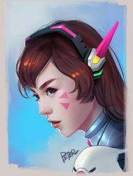 Rule 34 | 1girl, black eyes, blue background, bodysuit, brown hair, d.va (overwatch), eyebrows, eyelashes, facepaint, facial mark, headphones, lipstick, long hair, looking to the side, makeup, nose, overwatch, overwatch 1, parted lips, peter xiao, pilot suit, portrait, profile, red lips, signature, solo, swept bangs, whisker markings