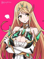 1girl breasts cleavage highres large_breasts long_hair mochimochi_(xseynao) mythra_(xenoblade) solo very_long_hair xenoblade_chronicles_(series) xenoblade_chronicles_2