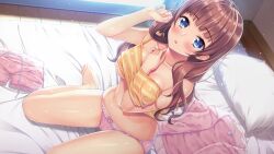 Rule 34 | 1girl, :o, barefoot, bed, between breasts, blue eyes, blush, breasts, brown hair, day, eyebrows hidden by hair, feet, female focus, game cg, groin, hand under clothes, highres, indoors, legs, light rays, long hair, looking at viewer, medium breasts, navel, on bed, original, pajamas, pajamas removed, panties, parted lips, pillow, sitting, solo, tachibanaki riho, thighs, toes, uchi no imouto, underwear, wariza, yamakaze ran