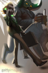 Rule 34 | 2girls, briefcase, cellphone, centauroid, commentary, dark-skinned female, dark skin, efi oladele, english commentary, facial tattoo, flat chest, formal, from below, hair pulled back, high heels, highres, idlecum, multiple girls, omnic, orisa (overwatch), overwatch, overwatch 1, phone, pinstripe pattern, pinstripe suit, pumps, robot, skirt, skirt suit, smartphone, striped, suit, tattoo, taur, very dark skin, walking