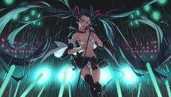 Rule 34 | 1girl, amberely, aqua hair, backlighting, belt, black skirt, black thighhighs, blurry, boots, bra, clothes lift, depth of field, detached sleeves, floating hair, glowstick, hair ornament, hatsune miku, headphones, highres, long hair, microphone stand, miniskirt, music, navel, necktie, night, open belt, open mouth, panties, pantyshot, pink lips, pleated skirt, rain, red eyes, singing, skirt, skirt lift, solo, stage, stage lights, standing, stomach, strap slip, thigh boots, thighhighs, twintails, underwear, upskirt, very long hair, vocaloid, white bra, white panties