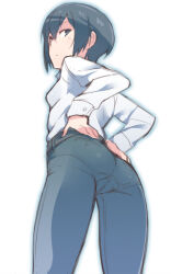 Rule 34 | 1girl, ass, black hair, black pants, blue eyes, blush, breasts, closed mouth, crotch, em (totsuzen no hakike), from below, kino (kino no tabi), kino no tabi, looking at viewer, pants, pantylines, shirt, short hair, simple background, small breasts, solo, white background, white shirt