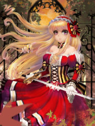 Rule 34 | 1girl, bad id, bad pixiv id, bare shoulders, blonde hair, bow, bowtie, breasts, cinia pacifica, corset, detached sleeves, dress, drill hair, eyeshadow, fence, floating hair, frilled sleeves, frills, glint, gloves, gown, hair bow, hairband, headband, holding, holding sword, holding weapon, ironwork, juliet sleeves, laces, leaf, lolita hairband, long hair, long sleeves, looking at viewer, makeup, maple leaf, parted lips, pink eyes, puffy sleeves, red dress, ringlets, ruffled cuffs, sidelocks, solo, strapless, strapless dress, striped bow, striped bowtie, striped clothes, striped neckwear, sword, sword girls, underbust, vertical stripes, very long hair, weapon, white gloves, wind, zonekiller10