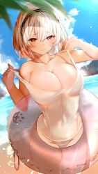 Rule 34 | 1girl, absurdres, alternate costume, anchor symbol, azur lane, bare arms, bare shoulders, beach, black hairband, blue sky, blurry, blurry foreground, blush, breasts, cleavage, closed mouth, cloud, collarbone, covered navel, cowboy shot, day, groin, hair between eyes, hairband, hands up, highres, innertube, large breasts, lifting own clothes, light particles, looking at viewer, medium hair, ocean, one-piece swimsuit, outdoors, paid reward available, palm leaf, pulling own clothes, raised eyebrows, raru (nanaharararu), red eyes, school swimsuit, short hair, sirius (azur lane), sky, solo, standing, strap lift, strap pull, swim ring, swimsuit, thigh gap, thighhighs, transparent, two-tone hairband, water, white hair, white hairband, white one-piece swimsuit, white thighhighs