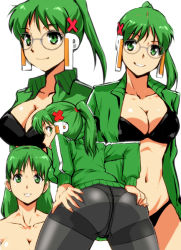 Rule 34 | 1girl, ass, ass grab, bad id, bad pixiv id, black bra, black panties, bra, breasts, cleavage, collarbone, commentary request, crotch seam, glasses, grabbing, green eyes, green hair, green jacket, hair ornament, homeko, jacket, kamisimo 90, medium breasts, multiple views, navel, open clothes, open jacket, os-tan, panties, panties under pantyhose, pantyhose, smile, thighband pantyhose, underwear, white background, x hair ornament, xp home-tan
