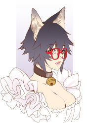 Rule 34 | 1girl, absurdres, animal ear fluff, animal ears, bell, black hair, breasts, brown collar, cat ears, cat girl, cleavage, collar, deathwingxiii, fangs, frills, glasses, gradient background, gradient hair, hair between eyes, highres, maid, multicolored hair, neck bell, original, parted lips, pink lips, red-framed eyewear, short hair, solo, upper body, yellow eyes