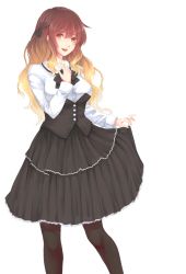 Rule 34 | 1girl, alternate costume, black bow, black pantyhose, black ribbon, black skirt, blonde hair, blush, bow, braid, breasts, brown hair, buttons, collared shirt, corset, curtsey, gradient hair, hair ribbon, hand on own chest, head tilt, highres, hijiri byakuren, large breasts, long hair, looking at viewer, mayoln, meme attire, multicolored hair, open mouth, pantyhose, ribbon, shirt, skirt, skirt hold, sleeve cuffs, solo, striped, striped bow, teeth, touhou, underbust, very long hair, virgin killer outfit, wavy hair, white background, white shirt, yellow eyes