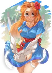 Rule 34 | 1girl, animal, bird, blue dress, blue sky, breasts, brown eyes, chicken, collarbone, day, dress, feathers, flower, geroro44, hair flower, hair ornament, hibiscus, highres, holding, holding animal, holding bird, jewelry, long hair, marin (zelda), medium breasts, necklace, nintendo, orange hair, outdoors, parted bangs, sash, short sleeves, sky, smile, solo, standing, sun, the legend of zelda, the legend of zelda: link&#039;s awakening, tree, white feathers