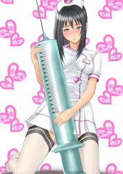 Rule 34 | 1girl, :o, black eyes, black hair, blush, hat, heart, impossible clothes, large syringe, long hair, looking at viewer, muffin (sirumeria), no shoes, nurse, nurse cap, open mouth, original, oversized object, solo, syringe, thighhighs, uniform, white thighhighs