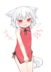 Rule 34 | +++, 1girl, absurdres, alternate costume, animal ear fluff, animal ears, arm behind back, bare arms, bare shoulders, blush, china dress, chinese clothes, covering crotch, covering privates, dress, dress tug, flying sweatdrops, hair between eyes, highres, inubashiri momiji, kibisake, lightning bolt symbol, looking at viewer, nose blush, open mouth, red dress, red eyes, short dress, silver hair, simple background, sleeveless, sleeveless dress, solo, sweat, tail, thick eyebrows, touhou, white background, wolf ears, wolf girl, wolf tail