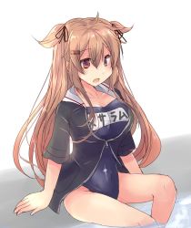 Rule 34 | 1girl, alternate costume, blonde hair, blue one-piece swimsuit, breasts, collarbone, commentary, hair between eyes, hair flaps, hair ribbon, heterochromia, hirune (konekonelkk), kantai collection, large breasts, long hair, murasame (kancolle), one-piece swimsuit, open clothes, open mouth, open shirt, red eyes, ribbon, school swimsuit, short sleeves, sitting, solo, swimsuit, twintails, very long hair, yellow eyes, zipper