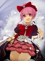 Rule 34 | 10s, 1girl, :d, arm warmers, bow, frilled skirt, frills, granblue fantasy, hair bow, heart, highres, izuoku, linaria (granblue fantasy), looking at viewer, open mouth, pink eyes, pink hair, short hair, short sleeves, sidelocks, skirt, smile, solo, sparkle, teeth