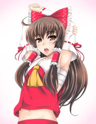 Rule 34 | 1girl, ahoge, armpits, arms behind head, arms up, asu hare, bow, brown eyes, brown hair, detached sleeves, female focus, hair bow, hair tubes, hakurei reimu, japanese clothes, midriff, miko, navel, open mouth, sarashi, simple background, solo, stretching, touhou, upper body